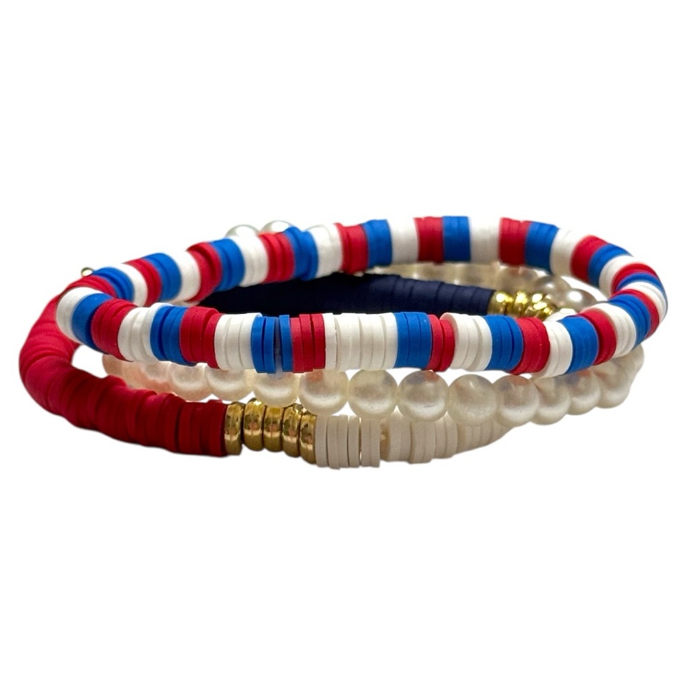 Red, White and Blue Heishi Bead Stretch Bracelet Set. Size 7
